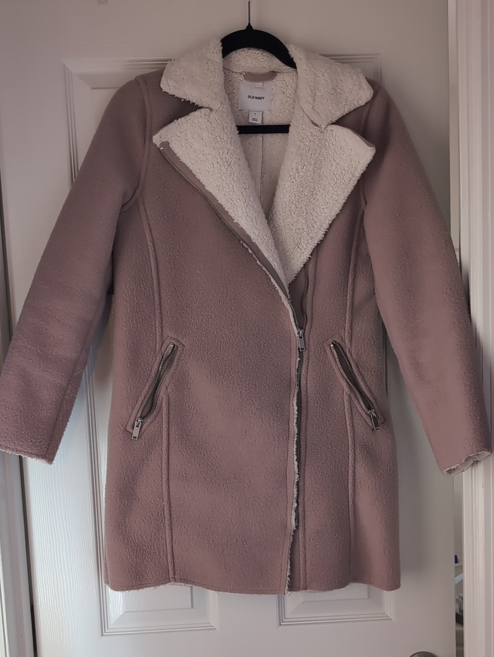 Old Navy Plush Teddy Coat in Dusty Pink with Cream Sherpa Lining